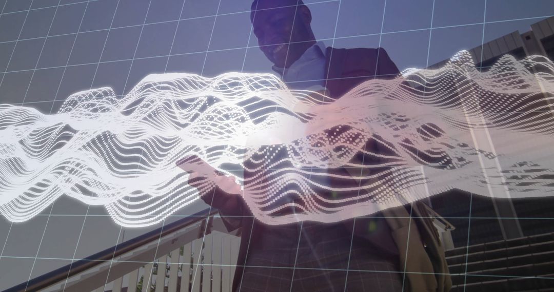 Businessman Analyzing Data with Digital Effects on Urban Stairs