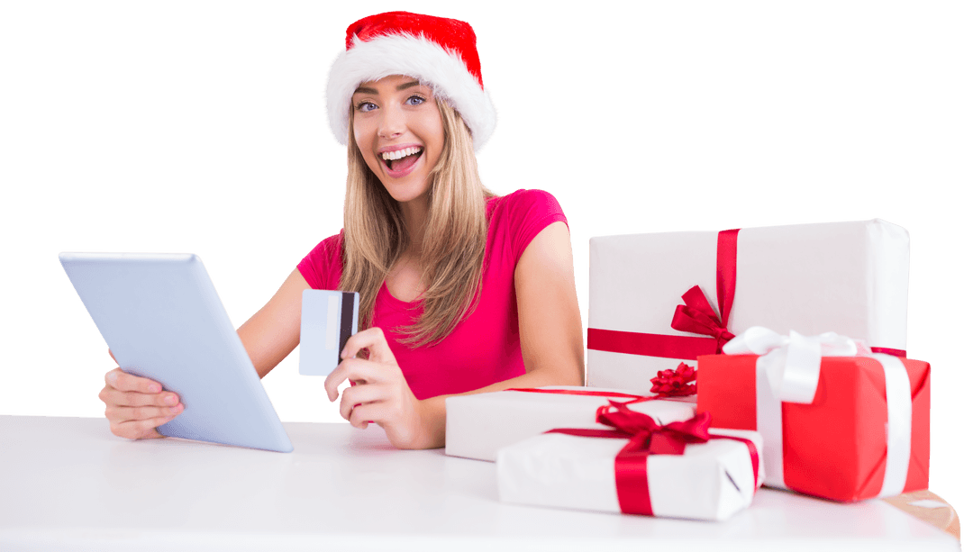 Smiling Woman in Santa Hat Shopping Online with Gifts and Tablet