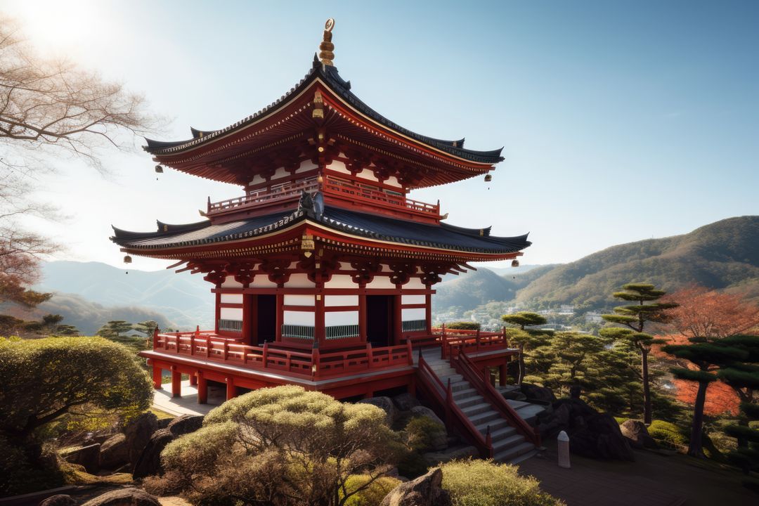 Traditional Japanese Pagoda in Serene Mountain Landscape - Free Images, Stock Photos and Pictures on Pikwizard.com