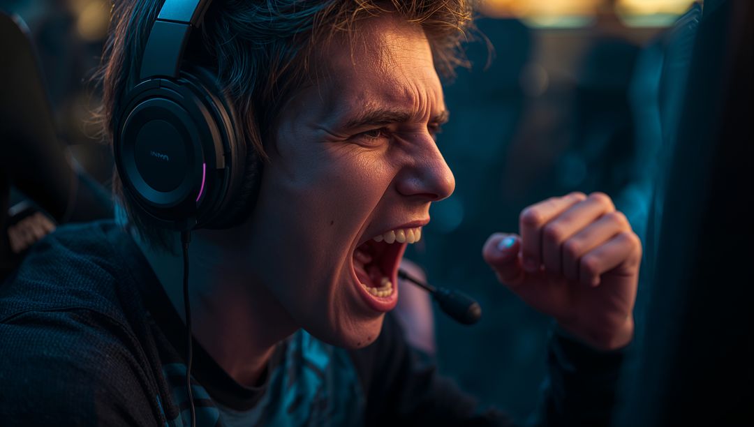 Focused Teen Male Gamer in Esports Arena, Shouting Into Mic