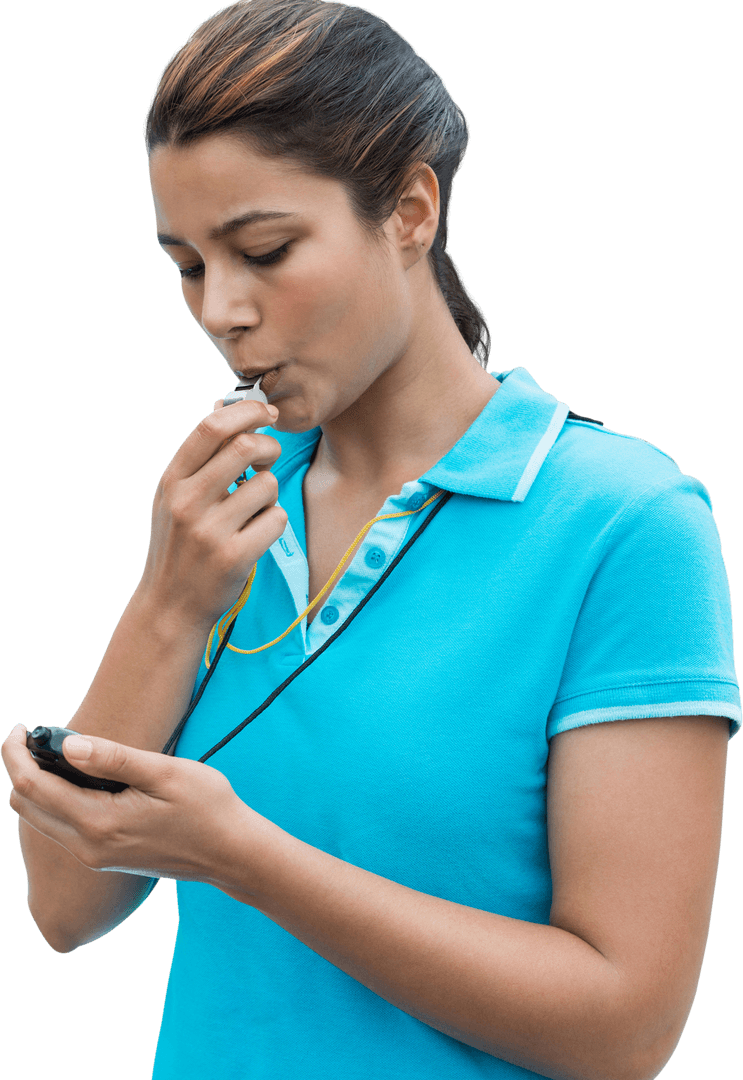 Transparent Sports Instructor with Whistle and Stopwatch in Action
