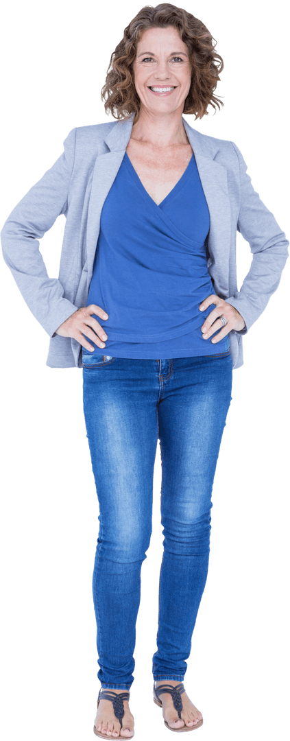 Confident Woman Smiling with Hands on Hips in Casual Business Attire Transparent