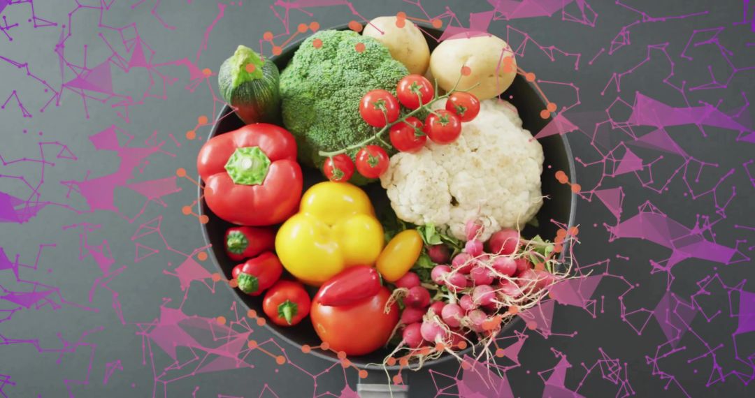 Fresh Vegetables in Frying Pan with Digital Network Overlay