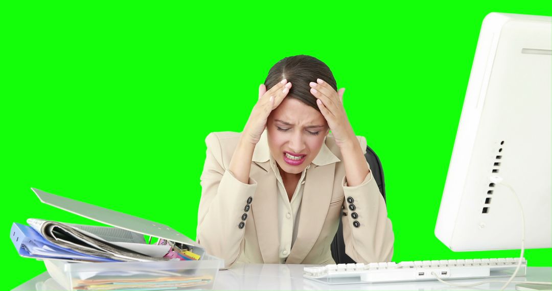 Stressed Businesswoman Working at Desk with Green Screen - Free Images, Stock Photos and Pictures on Pikwizard.com