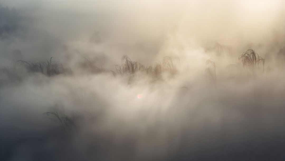 Dense Morning Fog Shrouding Marsh Reeds with Faint Sun Glow