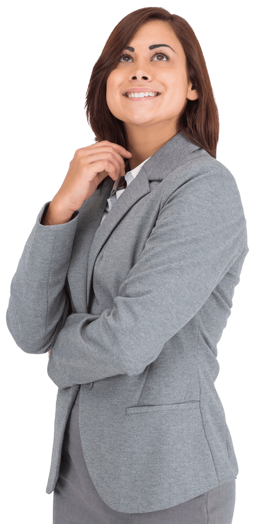 Happy Businesswoman Looking Up with Confidence on Transparent Background