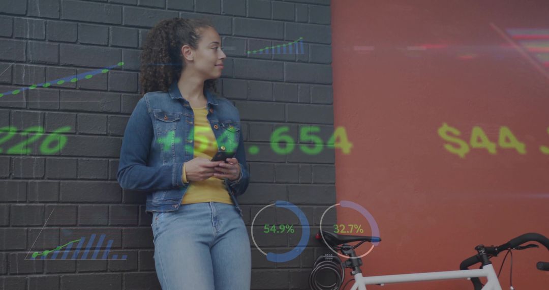 Young Woman Using Smartphone Showing Data Projection in City