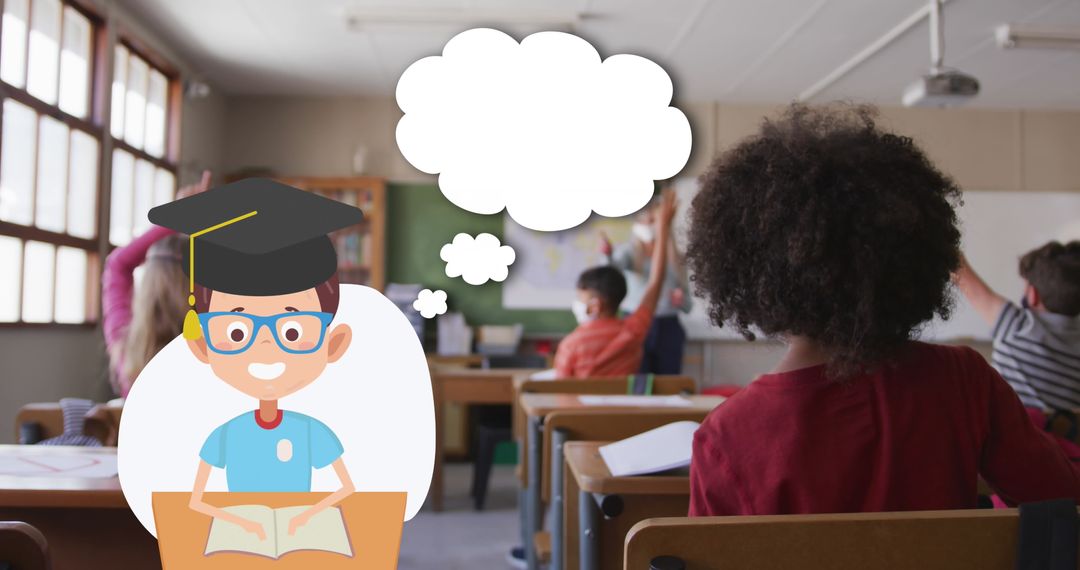 Kids in Classroom with Face Masks and Education Icons Overlay