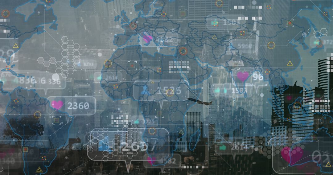 Futuristic Digital Interface with Data Icons Over City Skyline