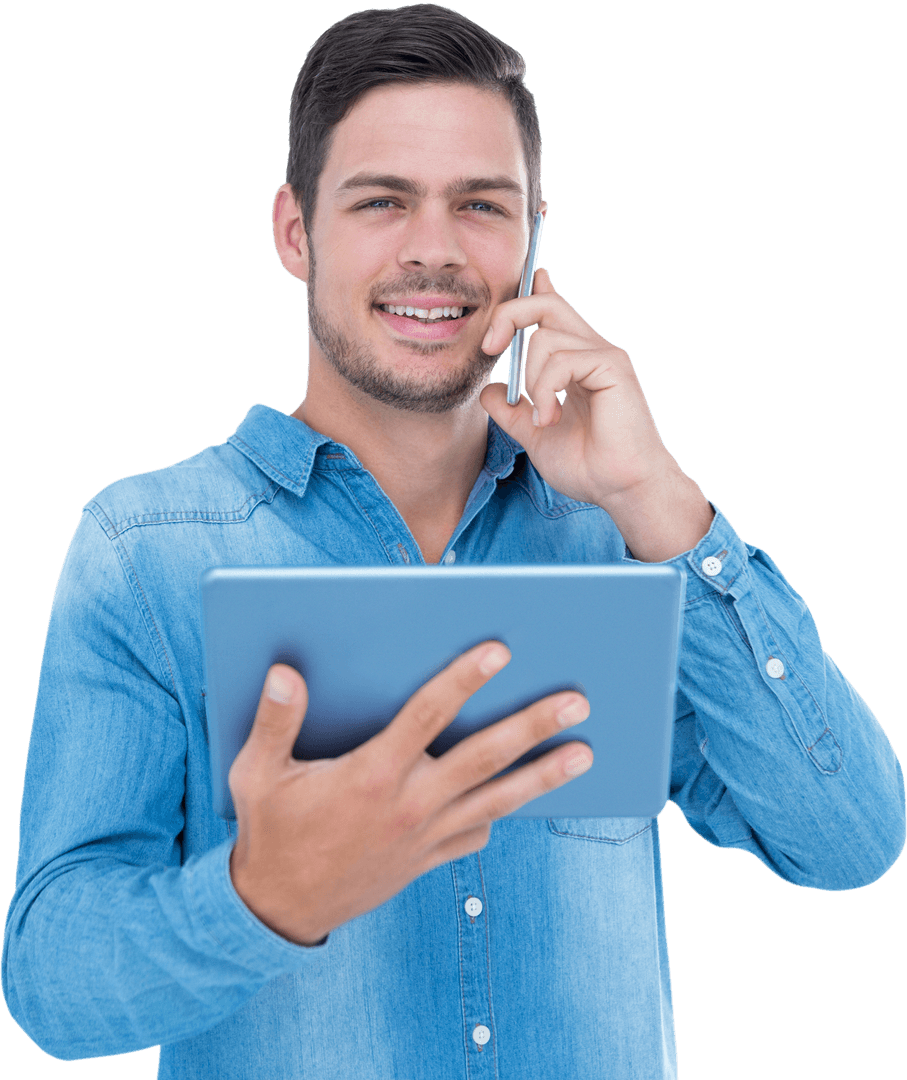 Smiling Man in Denim Holding Digital Tablet and Phone on Transparent Background