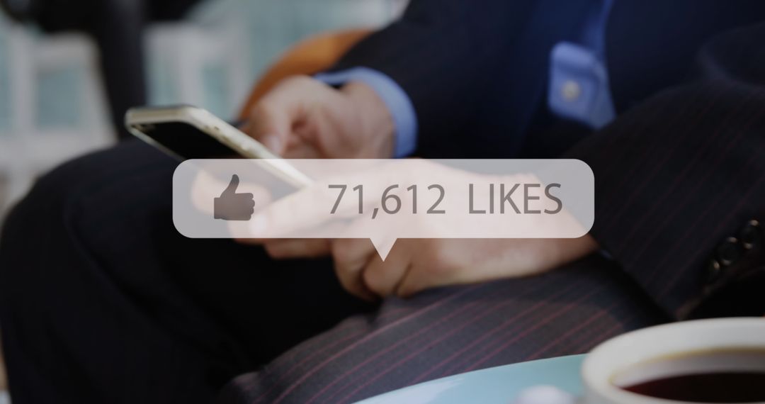Caucasian Businessman Engaging on Smartphone with Social Media Likes Overlay