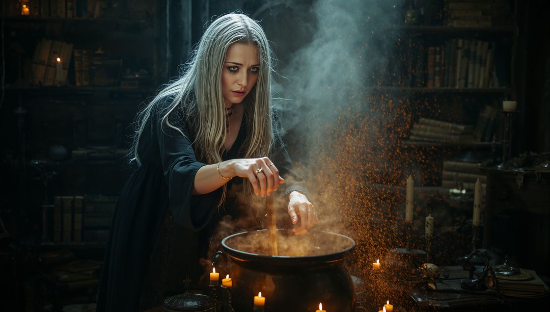 Sorceress at Cauldron Casting Spells in Mystic Lab