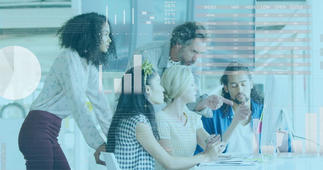 Diverse Team Collaborating with Financial Data Overlay in Modern Office