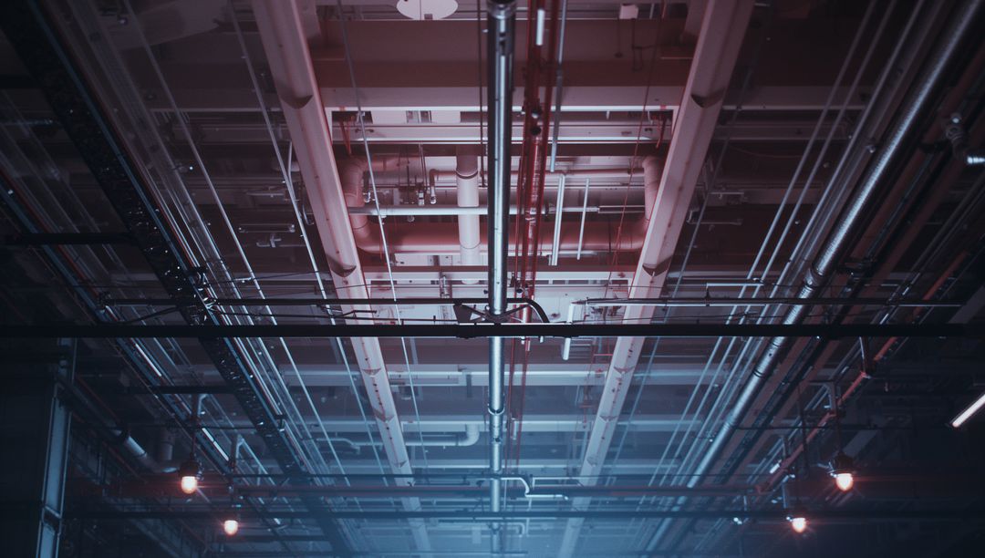 Complex Network of Industrial Ceiling Pipes and Conduits