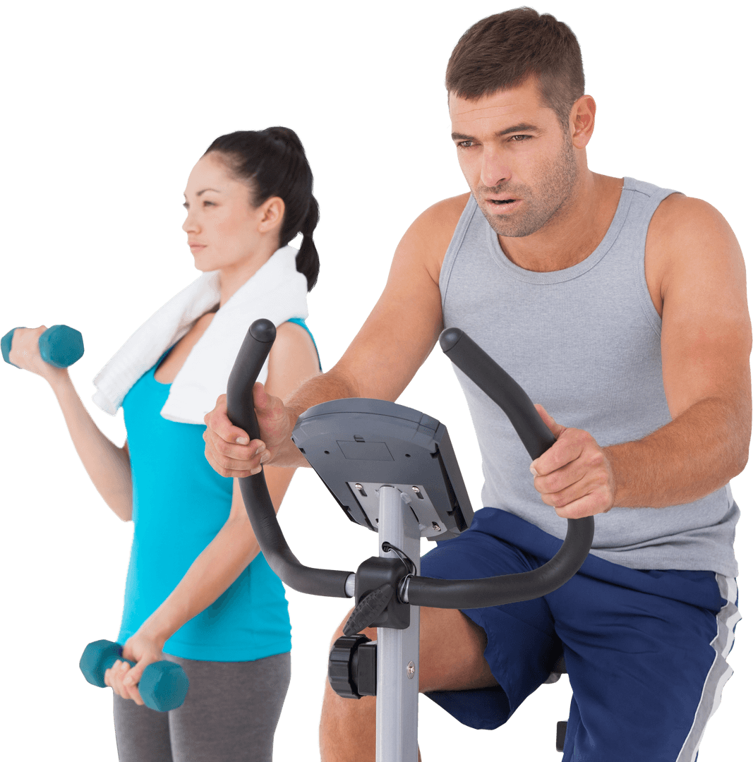 Transparent Fit Couple Exercising with Equipment Indoors