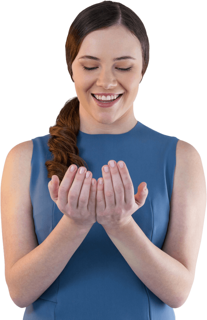 Smiling Woman with Cupped Hands on Transparent Background