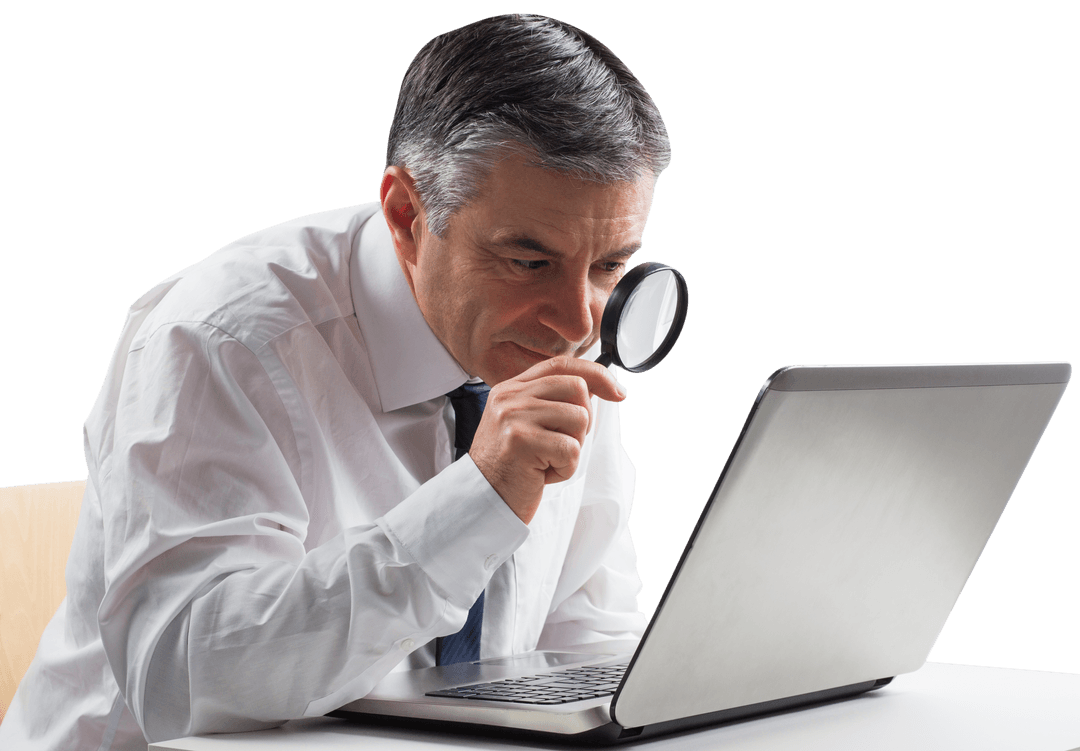 Mature Businessman Using Magnifying Glass with Transparent Background