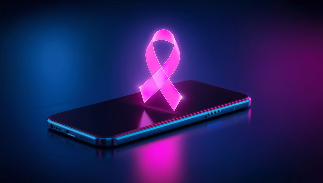 Glowing Pink Ribbon on Smartphone Symbolizing Awareness and Futuristic Tech