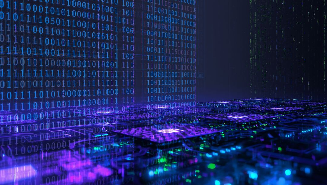 Futuristic Cyber Grid with Binary Code Streaming