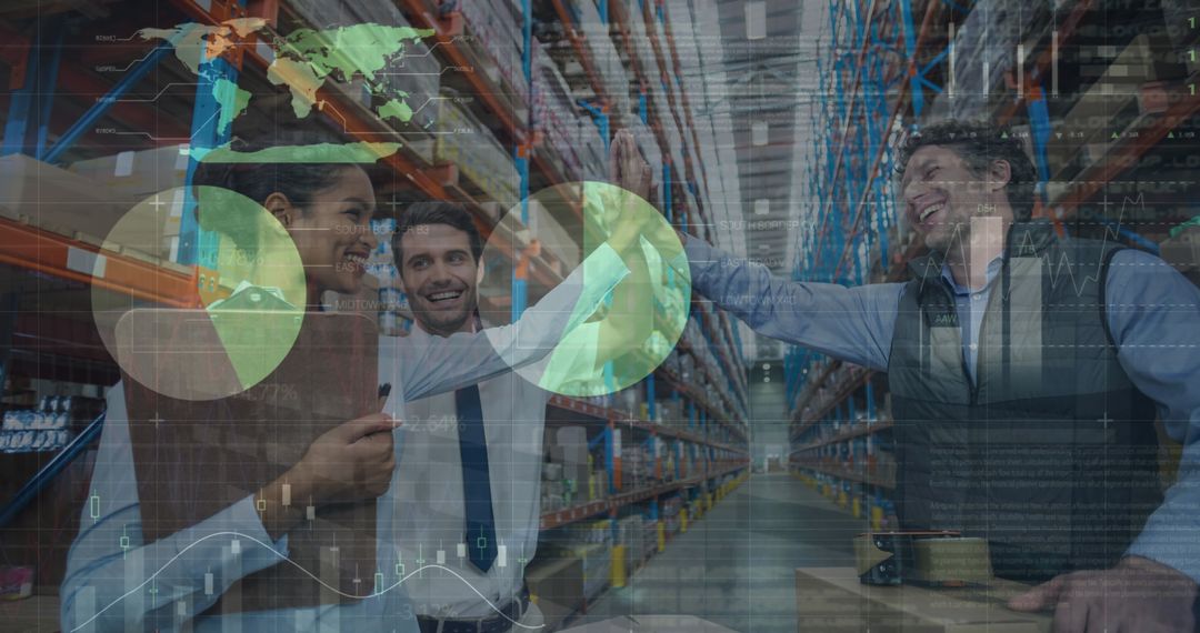 Diverse Warehouse Workers Celebrating with Financial Graph Overlay