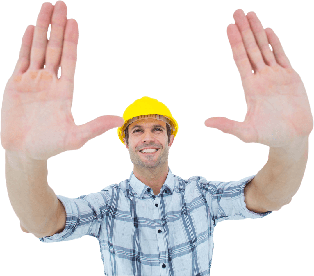 Transparent Man Gesturing Frame Wearing Hard Hat and Plaid Shirt