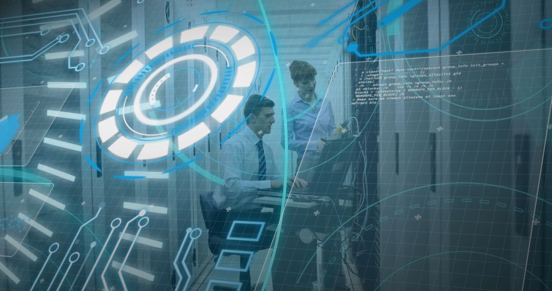 Tech Professionals Analyzing Servers with Virtual Overlay