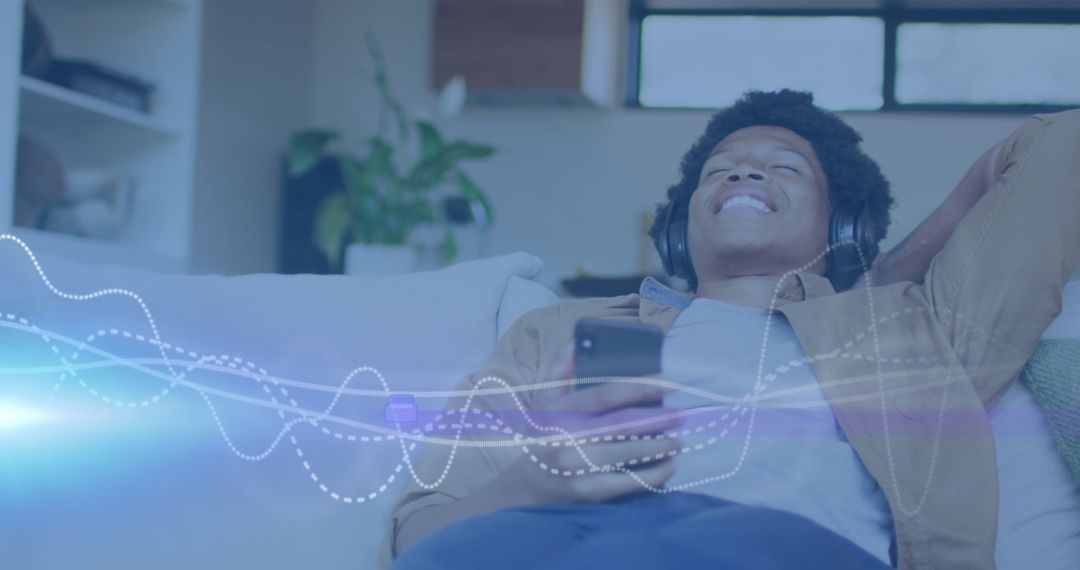 Relaxed Man Listening to Music with Digital Sound Waves
