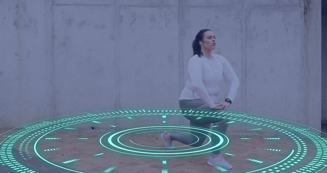 Augmented Reality Fitness Overlay with Plus Size Athlete Exercising