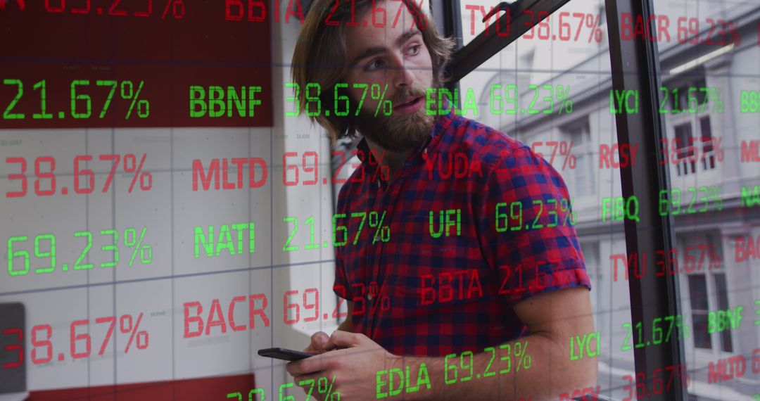 Stock Market Reflection on Man Using Smartphone in Office