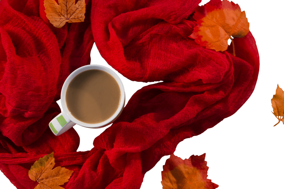 Transparent Tea Cup in Red Scarf with Autumn Leaves