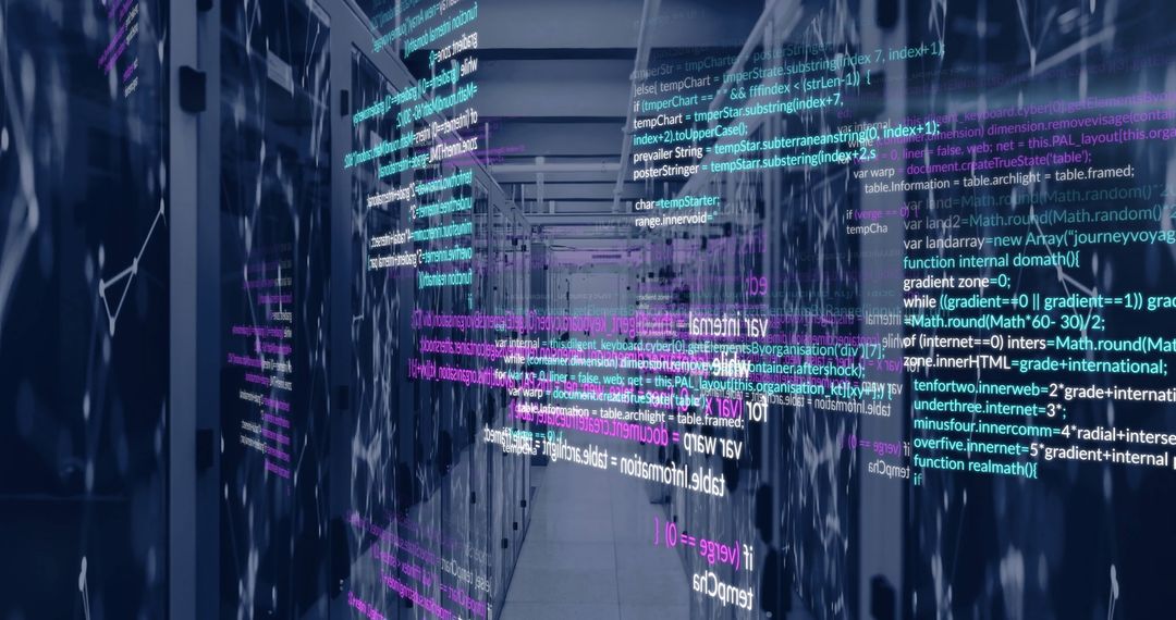 Digital data and code overlay in server room technology concept