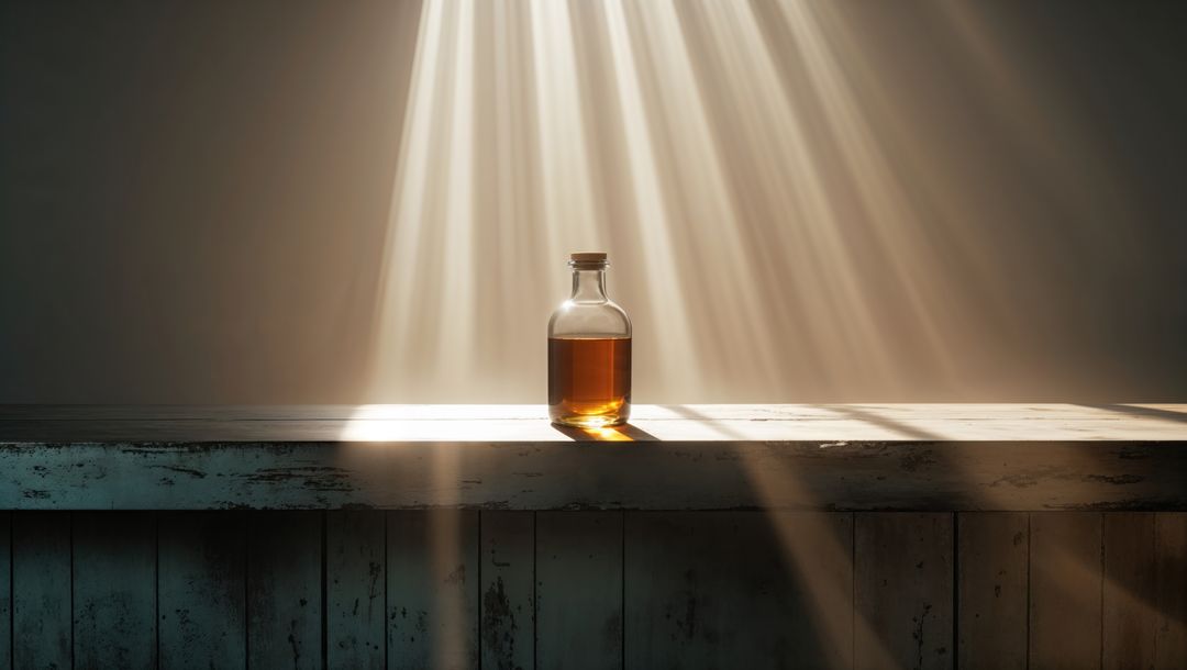 Sunlit bottle of corn syrup casting warm glow on rustic wooden shelf