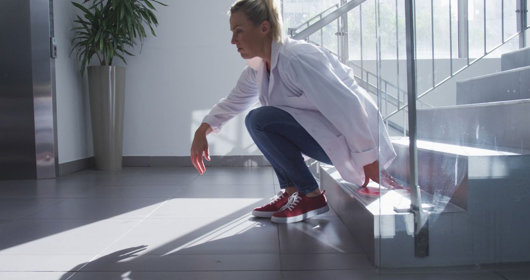 Woman in Lab Coat Squatting Near a Staircase in Modern Building - Free Images, Stock Photos and Pictures on Pikwizard.com