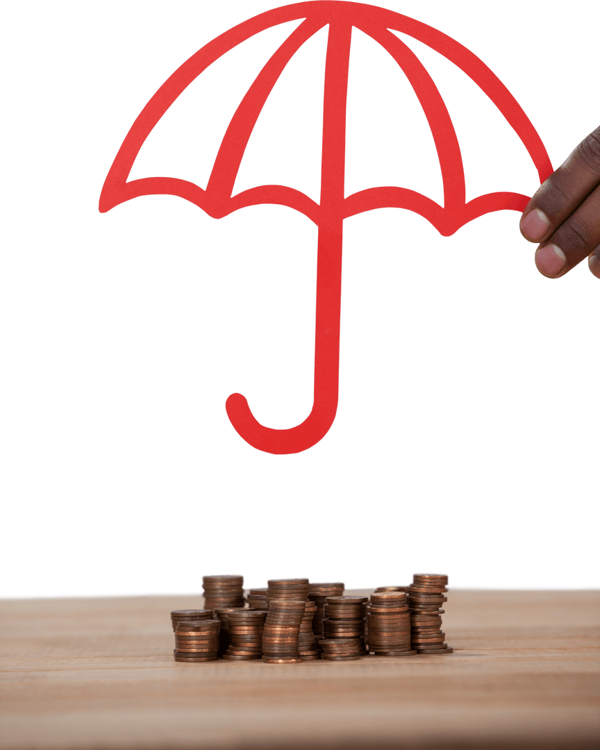 Transparent Red Umbrella Protecting Coins Symbolizing Financial Security