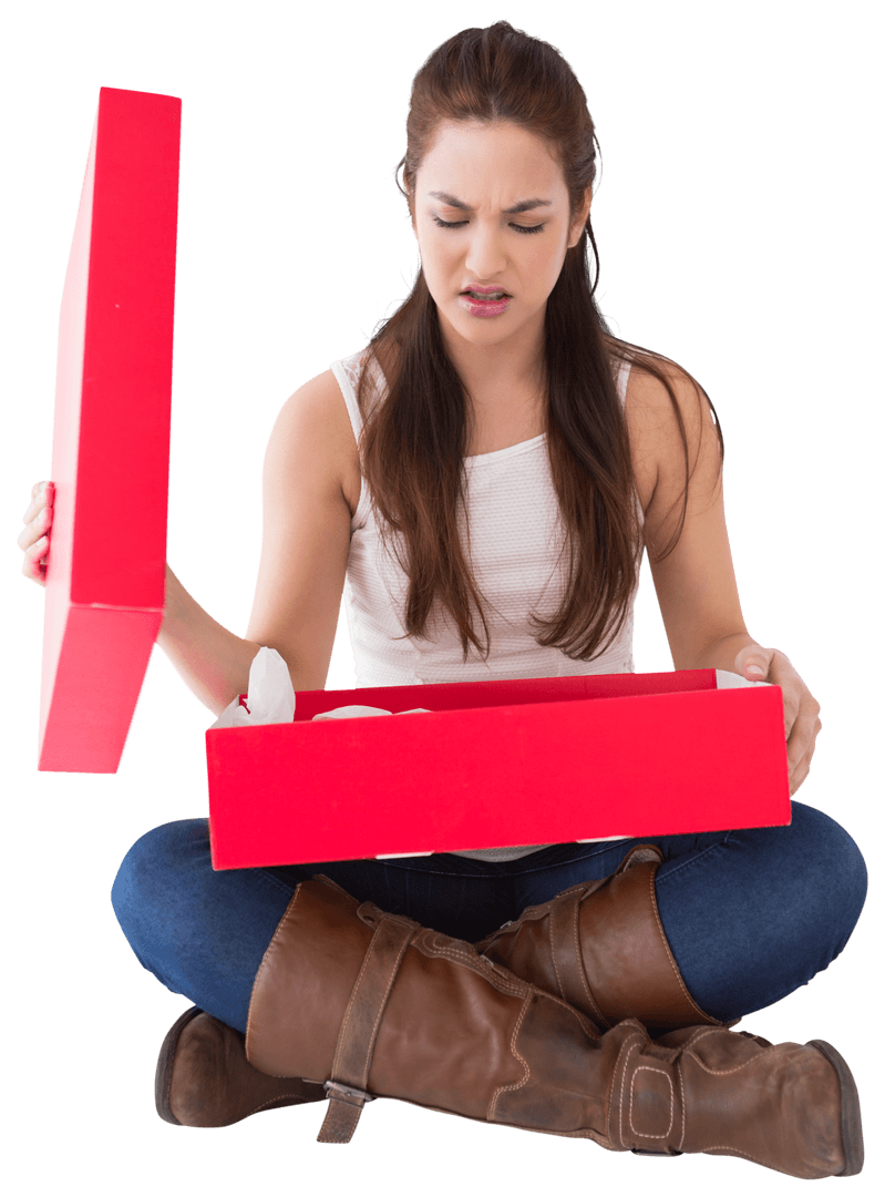 Transparent Upset Woman Unboxing Red Gift Box With Annoyed Expression