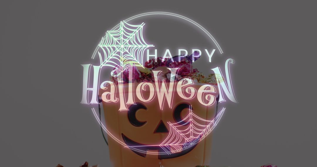 Halloween Candy Bucket With Festive Neon Text and Spider Webs