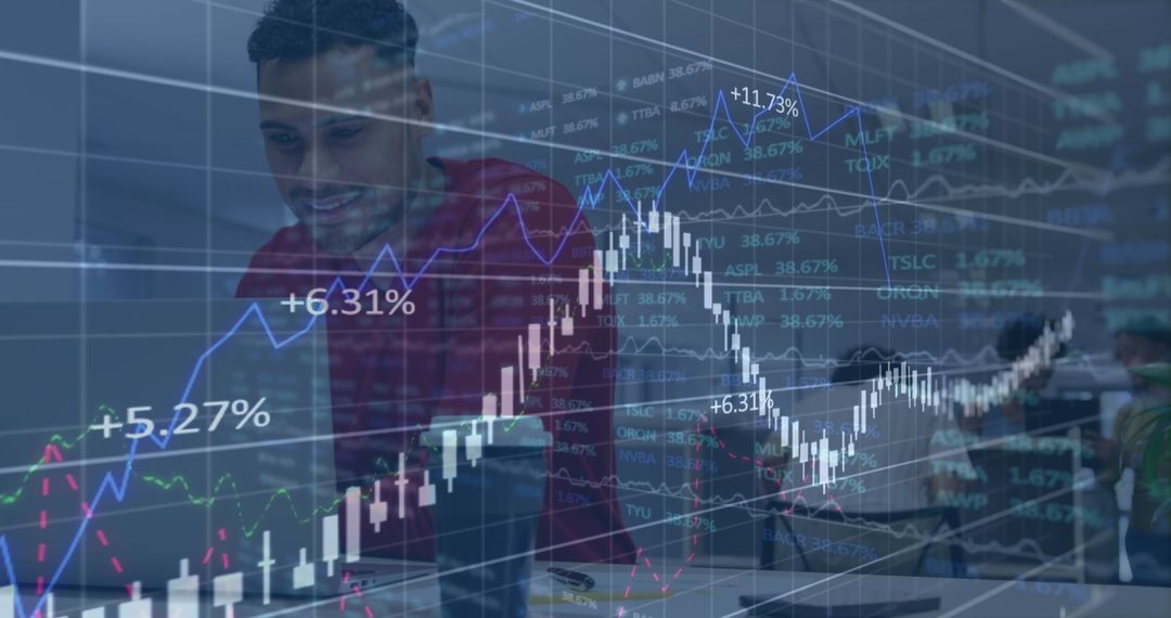 Financial Analysts Studying Data with Stock Market Graph Overlay