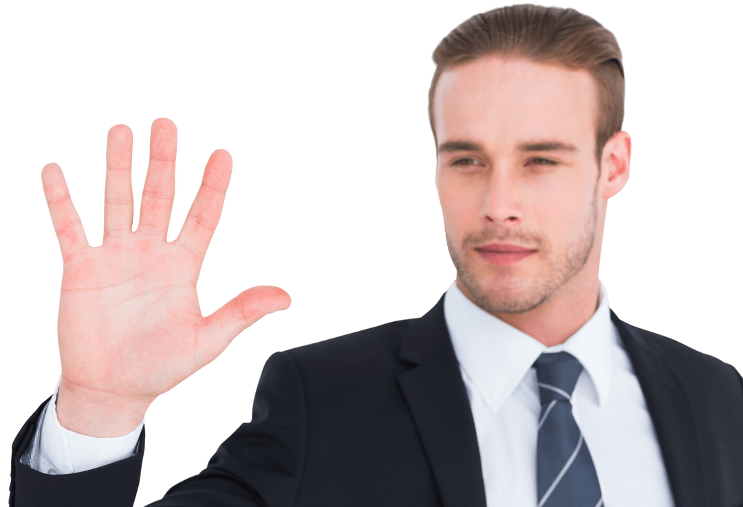 Confident Businessman Raising Hand on Transparent Background