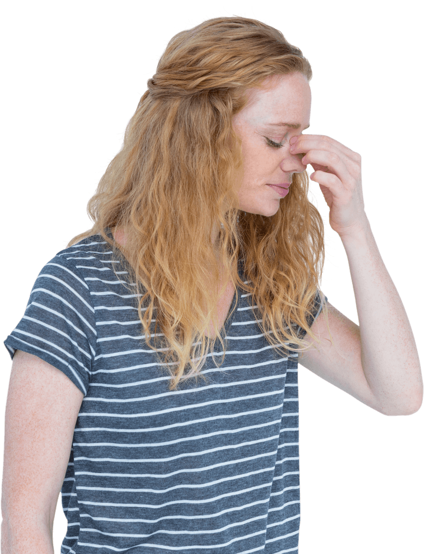 Transparent Image of Young Woman with Headache Holding Nose