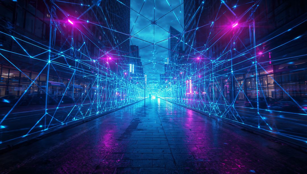 Futuristic Cyberpunk Tunnel with Holographic Network Grid