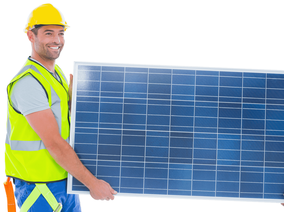 Smiling Worker Carrying Transparent Solar Panel Isolated