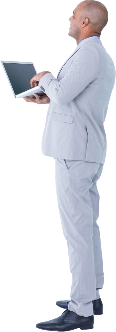 Transparent Businessman Using Laptop in Office Environment