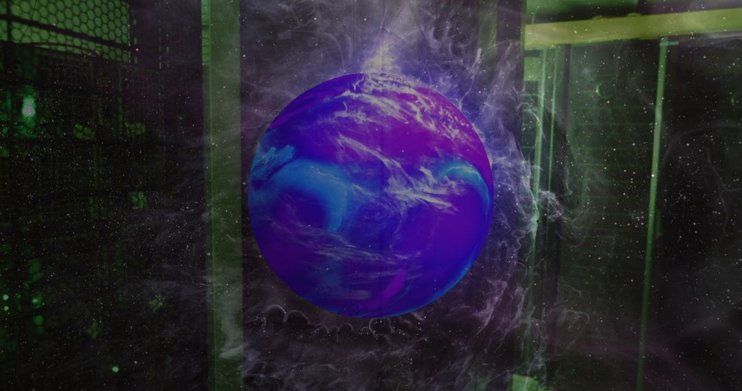 Mystical Blue Planet Surrounded by Cosmic Smoke in Data Center