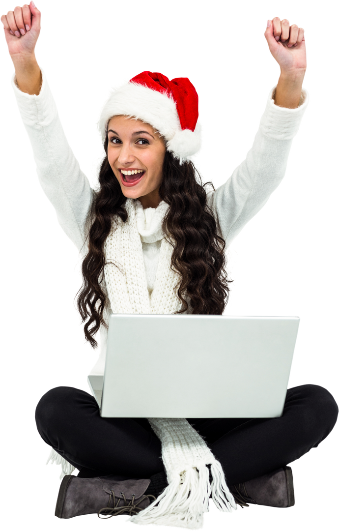 Woman Celebrating Success with Laptop in Christmas Hat | Transparent Background - Download Free Stock Images Pikwizard.com