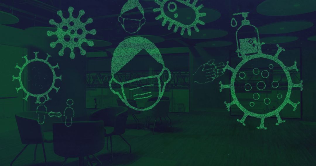 Covid-19 Virus and Safety Icons Over Empty Hotel Lobby