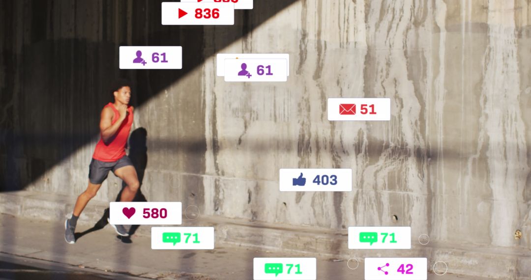 Man Running with Social Media Interaction Digital Overlay