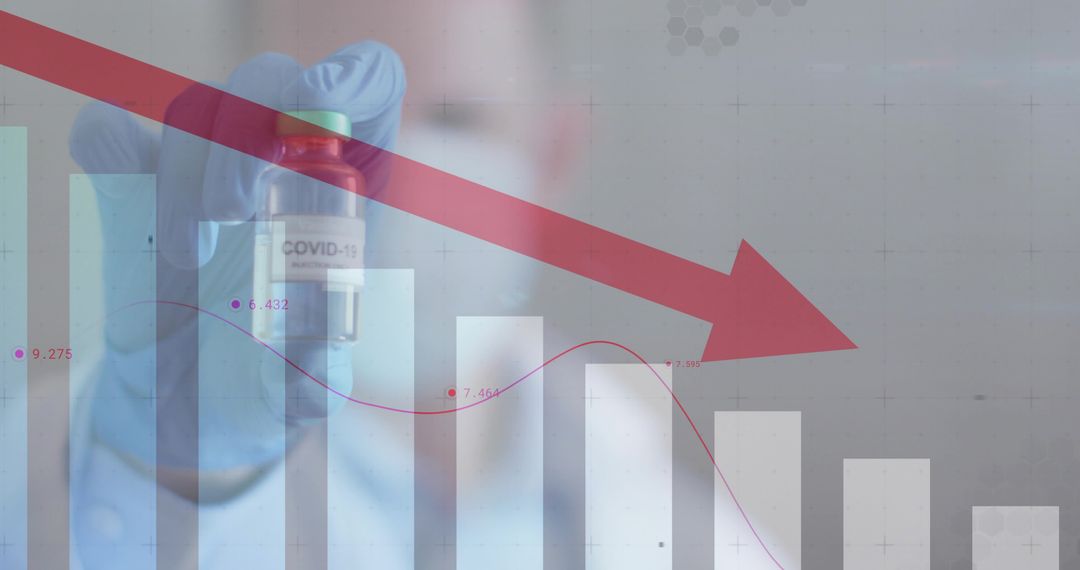 Gloved Researcher Analyzing COVID-19 Vial with Declining Data Graph