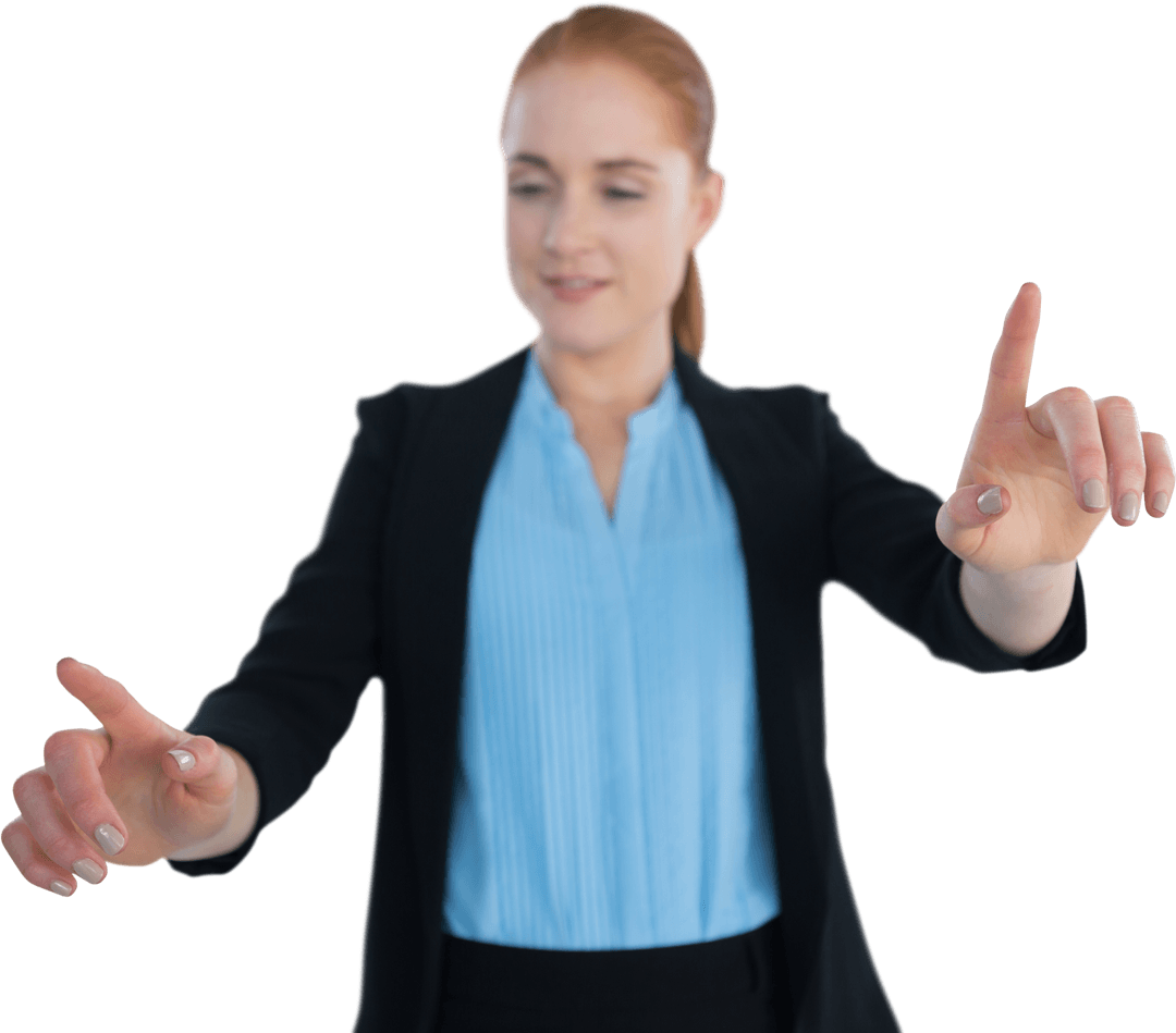 Businesswoman Using Transparent Virtual Interface Blue Shirt