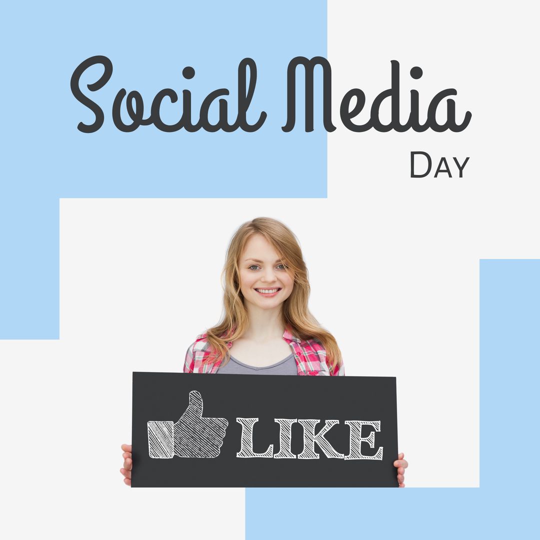 Smiling Woman Holding Like Sign for Social Media Day Promotion