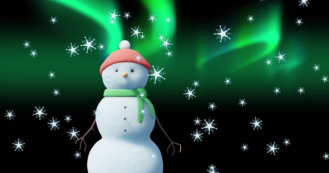 Snowman Against Aurora Borealis with Falling Snowflakes